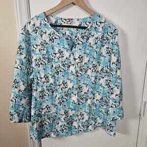 Choices Floral Top 3/4 Sleeve 100% Linen Button Up Sz XL Boxy Sustainable Basic